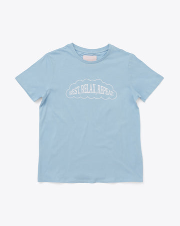 sky blue t-shirt with "REST RELAX REPEAT" text graphic inside a cloud