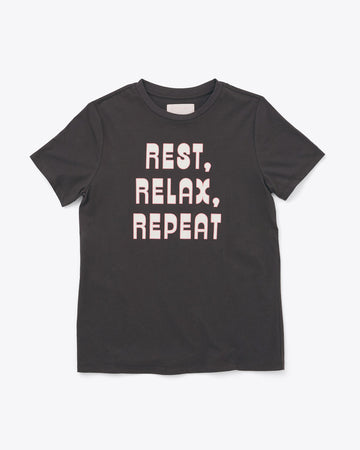 black t-shirt with "REST RELAX REPEAT" bold text graphic 
