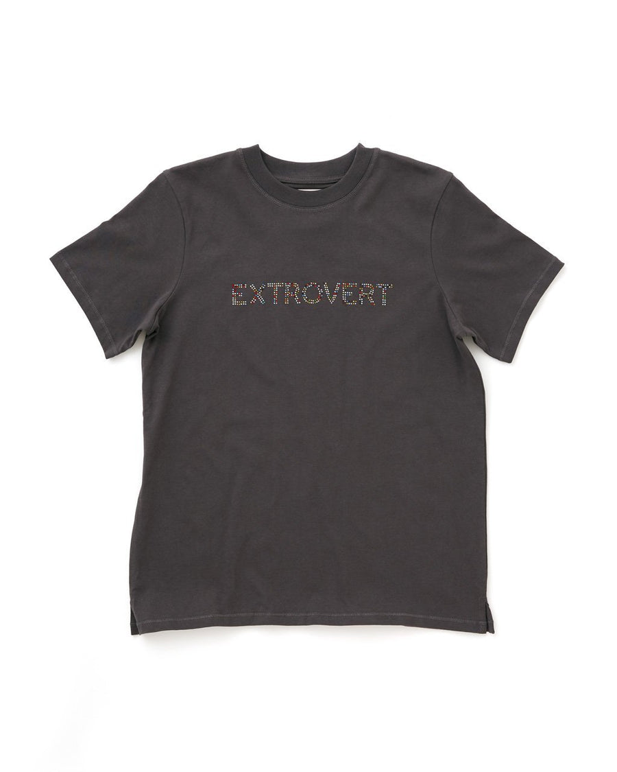 Black short sleeve t-shirt with rhinestone word art