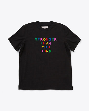 black tee with the words stronger than you think in a multi color design