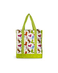reusable market bag with white ground, lime green accents and colorful party boot print