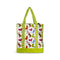 reusable market bag with white ground, lime green accents and colorful party boot print