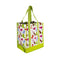 sideview of reusable market bag with white ground, lime green accents and colorful party boot print