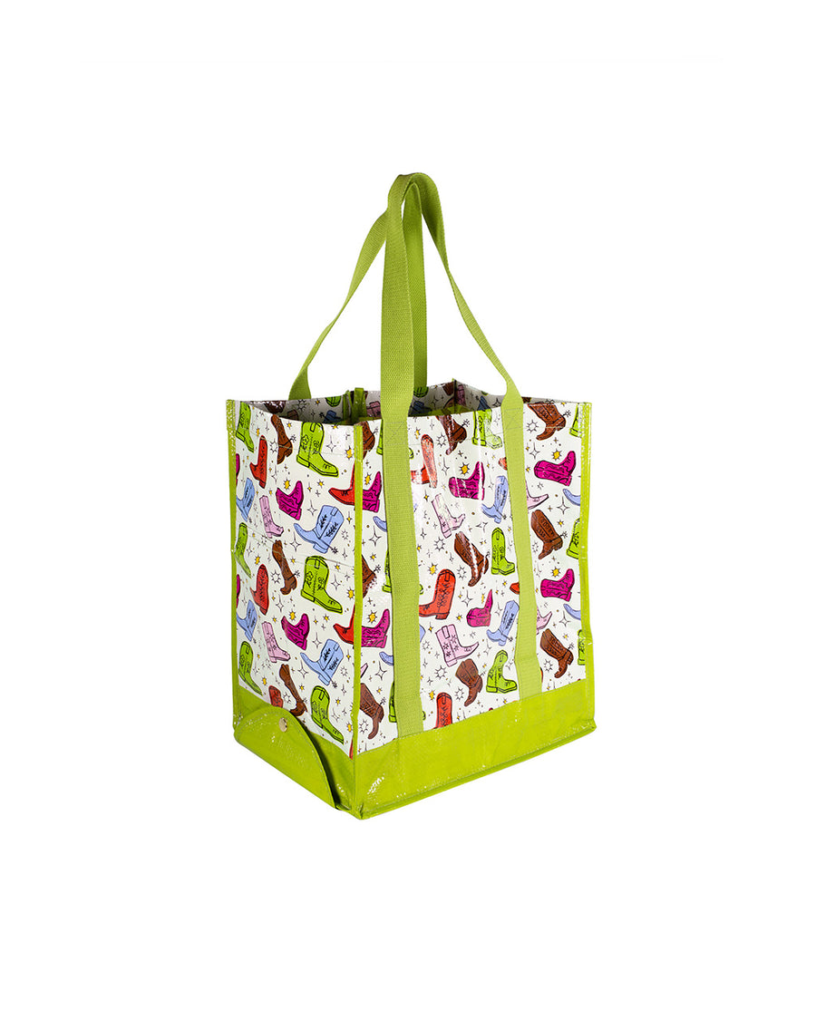 sideview of reusable market bag with white ground, lime green accents and colorful party boot print