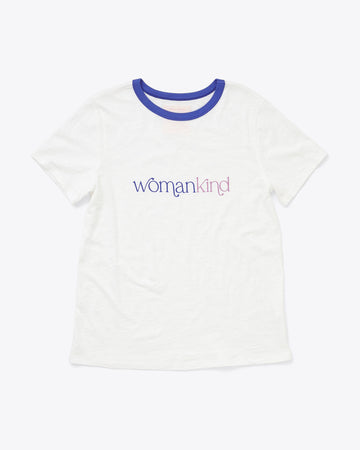 white tee with a blue ringer collar and the word womankind