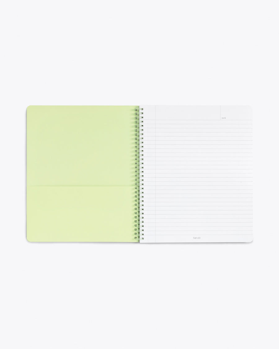 interior image of notebook showing lined pages and pastel green end sheet with pocket