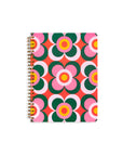 spiral bound mini notebook with green, pink, red and yellow retro mod print
