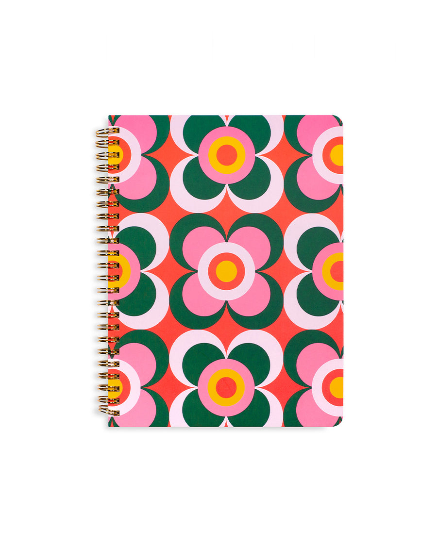 spiral bound mini notebook with green, pink, red and yellow retro mod print