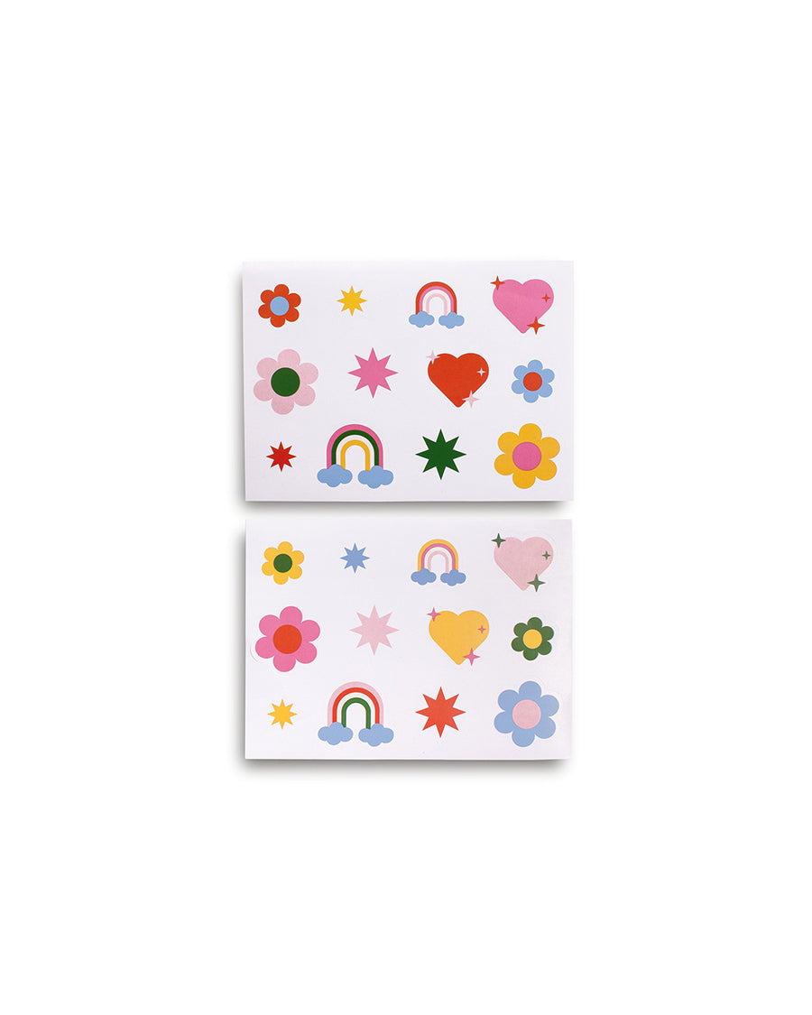 two sheets of stickers with flowers, starts, hearts and rainbows