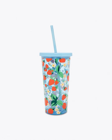 reusable tumbler with straw in blue strawberry floral pattern