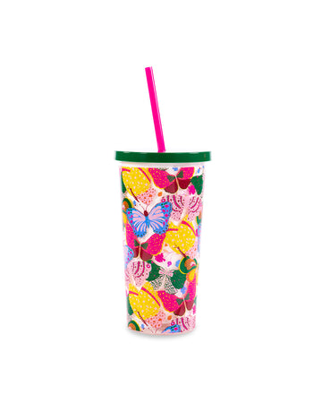 plastic reusable water cup with multicolored butterfly print, dark green lid and hot pink silicone straw