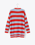 back of oversized blue and red striped slouchy cardigan with pockets