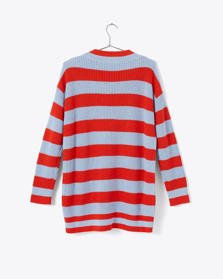 back of oversized blue and red striped slouchy cardigan with pockets