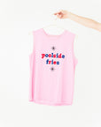 pink muscle tank with the words poolside fries in red and blue lettering shown on hanger