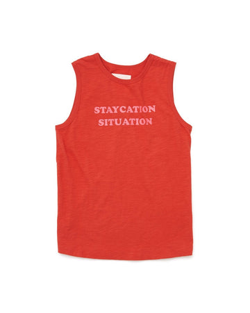 red muscle tank with the word staycation 