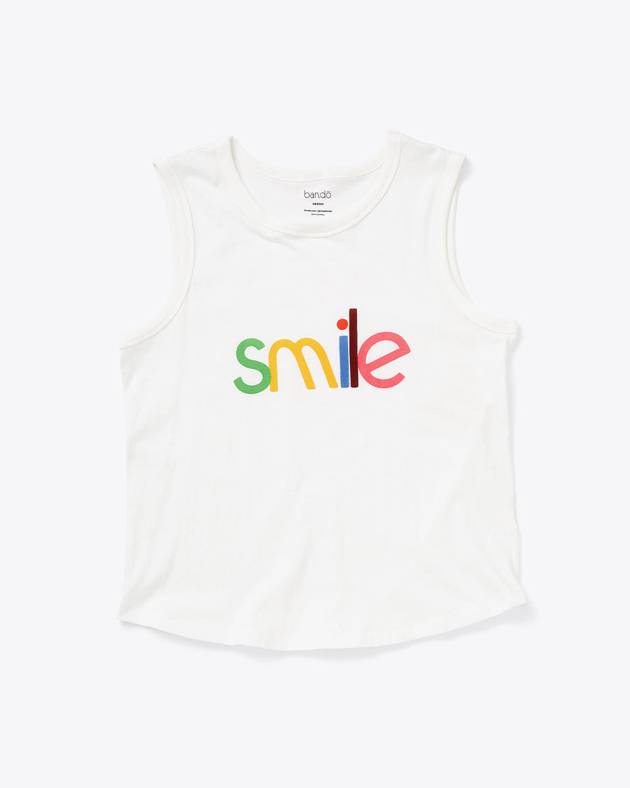 white muscle tank with multicolor 'SMILE'