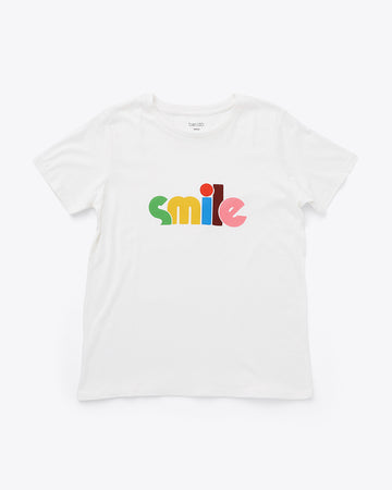 ivory crew neck tee with multi color 'smile' across the front