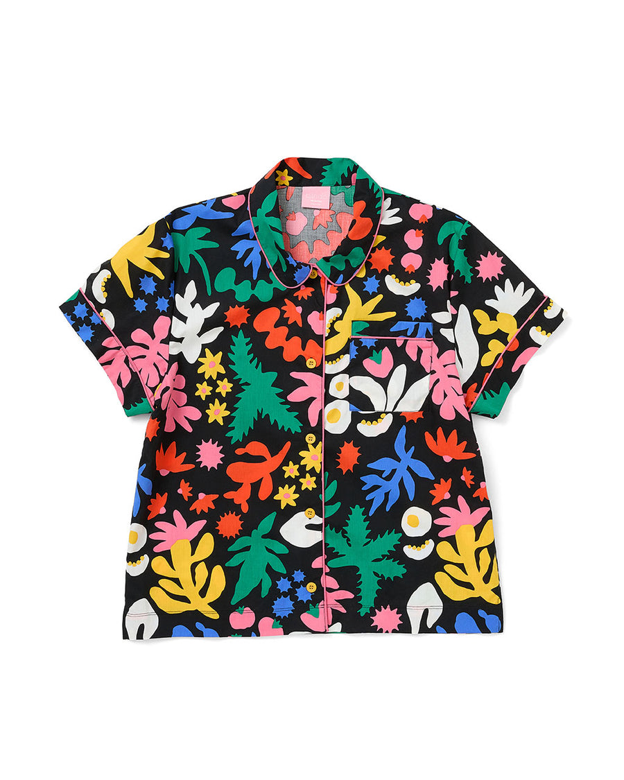 short sleeve leisure shirt with black ground and all over abstract floral print