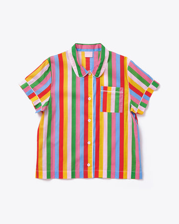 short sleeve leisure top with green, blue, pink, orange, and red vertical stripes