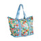 side view of foldable beach bag with blue ground and abstract fruit print