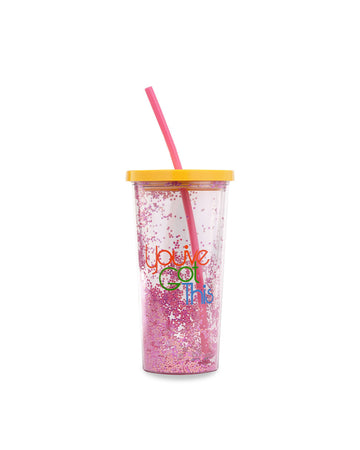 acrylic sip sip with a yellow top and pink straw featuring a pink glitter inner wall and 'YOU'VE GOT THIS' text