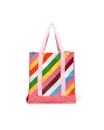 rainbow diagonal stripe market bag with light pink straps