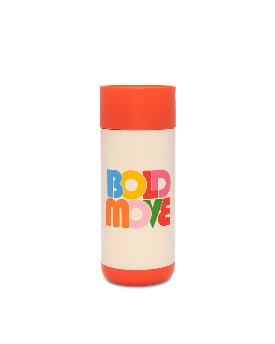 cream and red stainless steel thermal mug with multicolor 'bold move' across the center