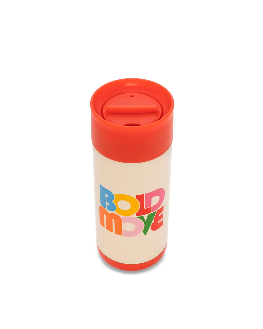 top view of cream and red stainless steel thermal mug with multicolor 'bold move' across the center