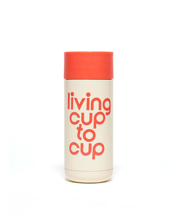 This Thermal Mug comes in white and red, with 'Living Cup To Cup' printed in red on the side.