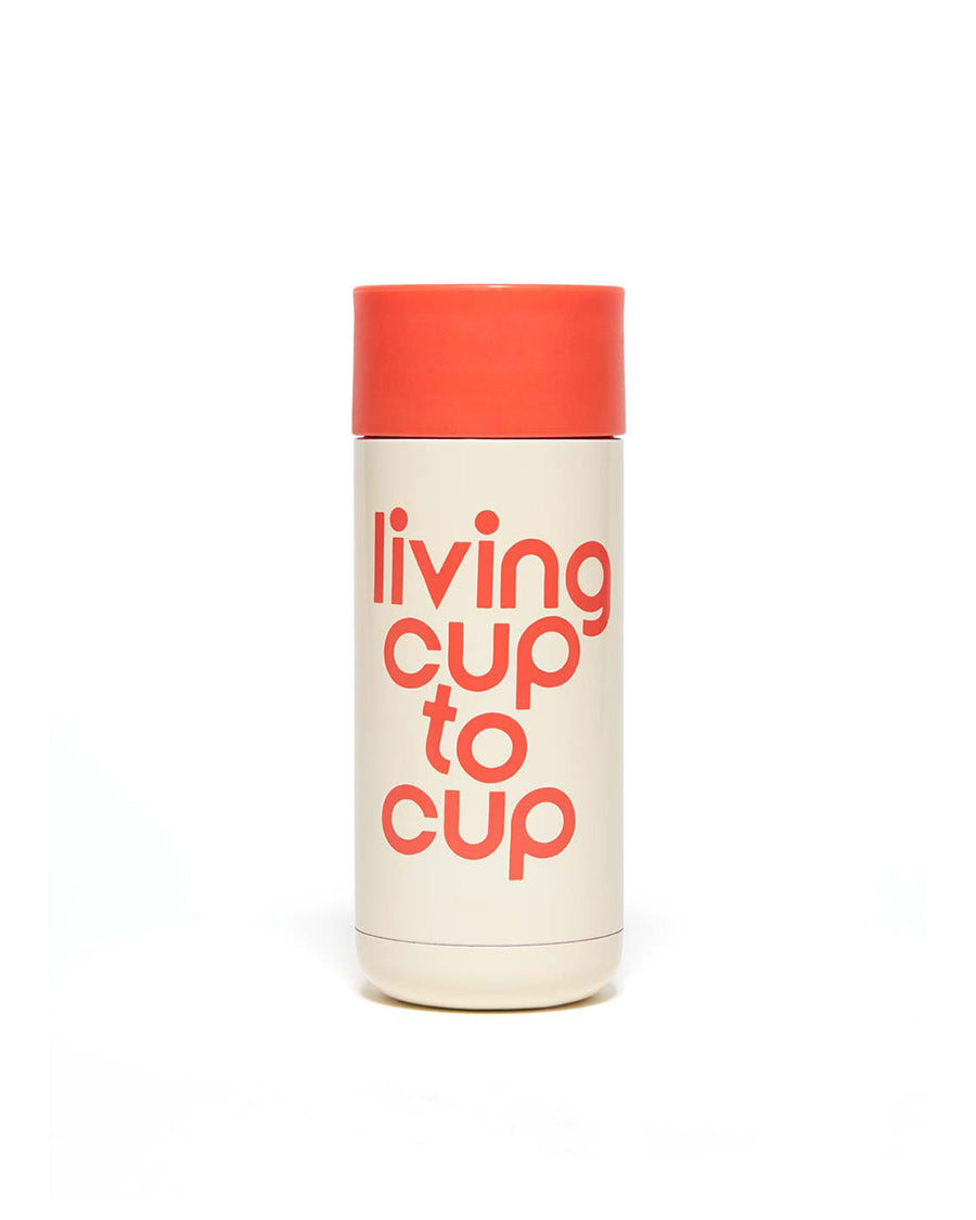 This Thermal Mug comes in white and red, with 'Living Cup To Cup' printed in red on the side.