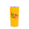 20oz yellow stainless steel thermal mug with pink, red and green 'lucky cup' across the mug