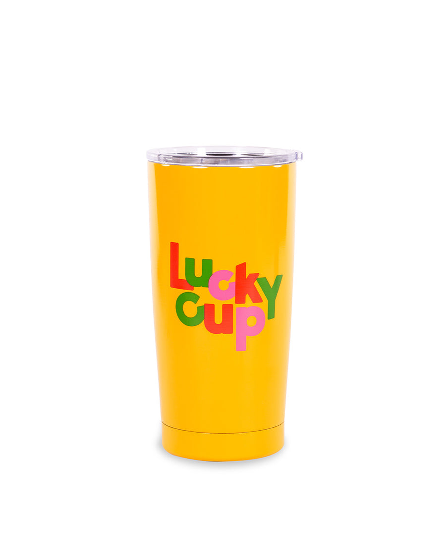 20oz yellow stainless steel thermal mug with pink, red and green 'lucky cup' across the mug