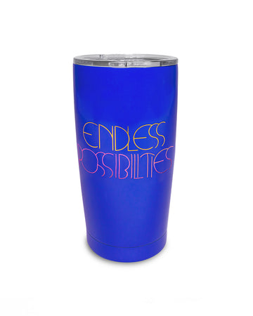 royal blue 20 oz stainless steel tumbler with yellow and pink 'endless possibilities' on front and clear lid
