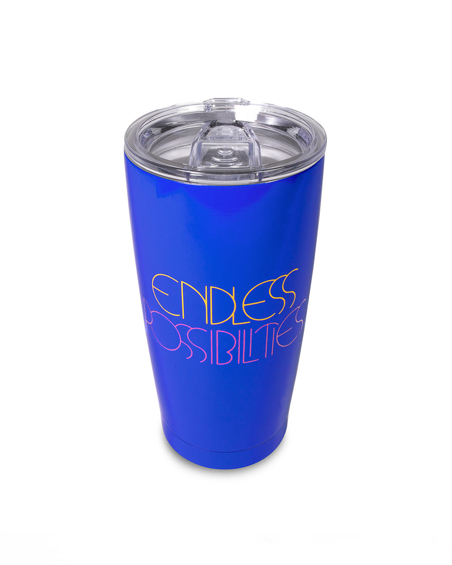 top view of the clear lid on the royal blue 20 oz stainless steel tumbler with yellow and pink 'endless possibilities' on front
