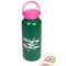 dark green and pink stainless steel water bottle with 'progress not perfection' across the center and stickers to decorate your bottle