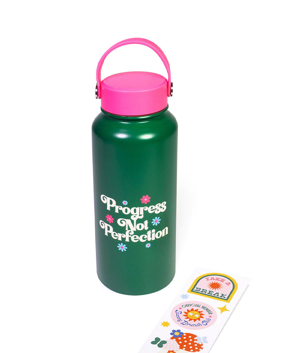 dark green and pink stainless steel water bottle with 'progress not perfection' across the center and stickers to decorate your bottle