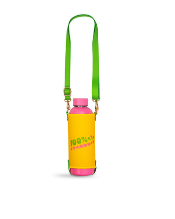 pink stainless steel water bottle with yellow and green water bottle sling with the words '100% stardust' across the front