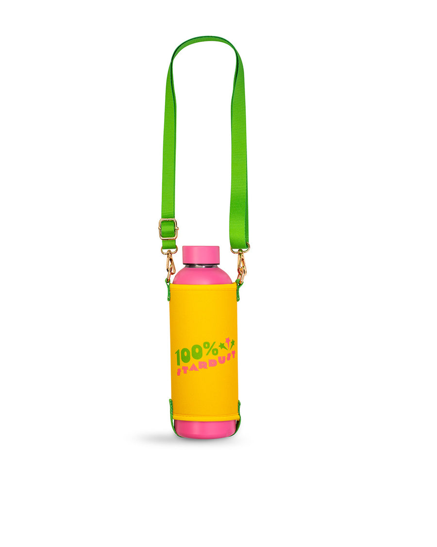 pink stainless steel water bottle with yellow and green water bottle sling with the words '100% stardust' across the front