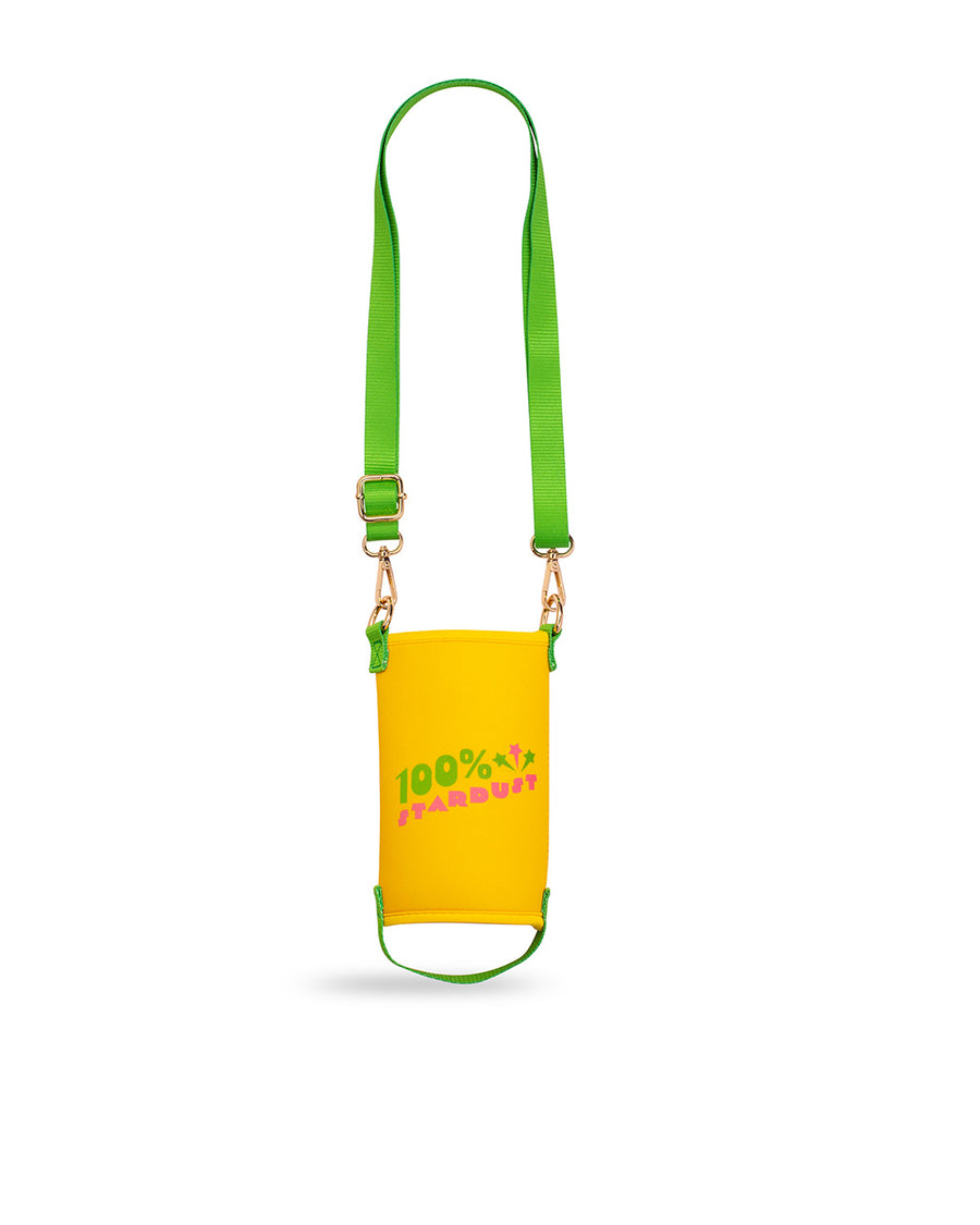 yellow and green water bottle sling with '100% stardust' across the front