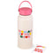 light pink stainless steel water bottle with colorful 'woman of the hour' text, pink lid and stickers!