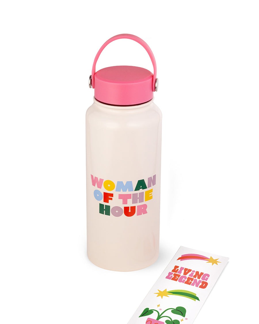light pink stainless steel water bottle with colorful 'woman of the hour' text, pink lid and stickers!