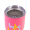up close of lid of the pink stainless steel wine glass with blue and yellow text 'take a break' text across the front