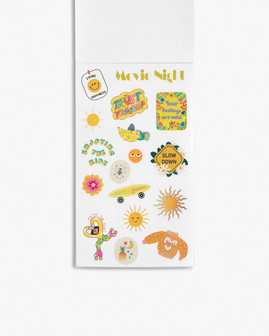 interior page of sticker book showing yellow stickers