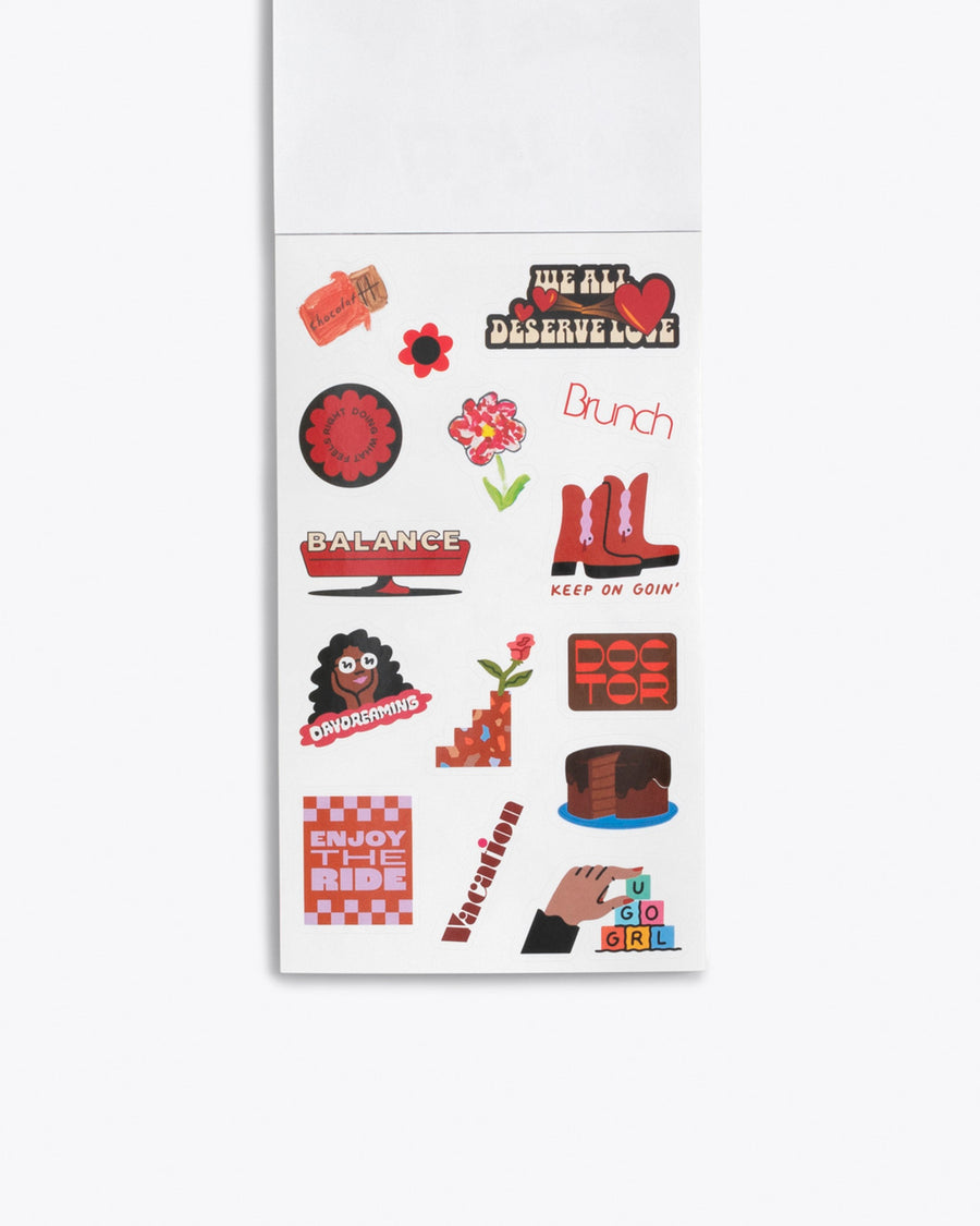 interior page of sticker book showing red stickers