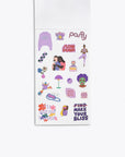 interior page of sticker book showing purple stickers