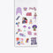 interior page of sticker book showing purple stickers