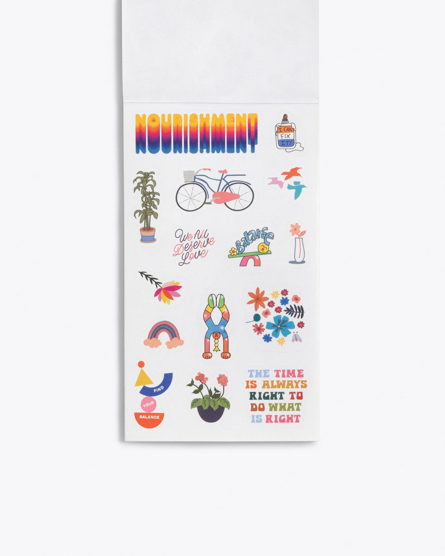 interior page of sticker book showing rainbow multicolor stickers