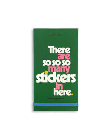green sticker book cover with "There are So So So Many Stickers in Here" text graphic with blue elastic closure at bottom