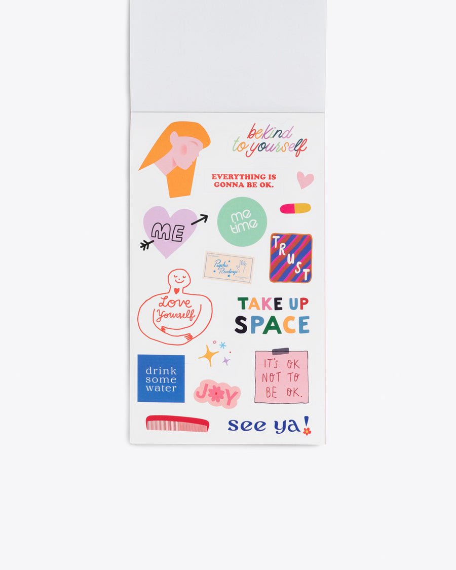 interior image of sticker sheet containing self care themed stickers