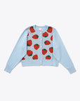 blue cardigan with large strawberry print